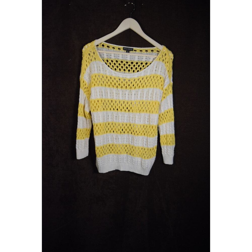Willi Smith Yellow and White Cable Knit Pullover Sweater Open Knit Strips Sz L